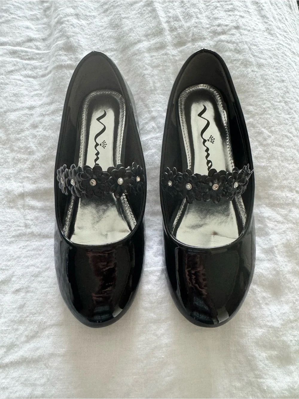 Nina Black Patent Floral Strap Dress Flats